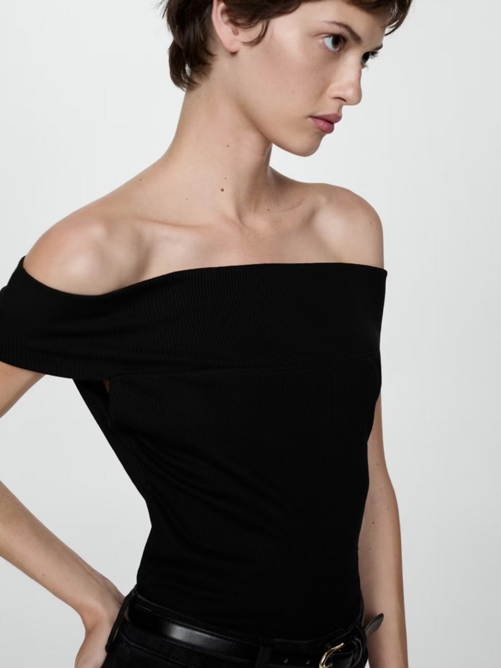 Mango Off-Shoulder Ribbed Black Top Size XL NWT